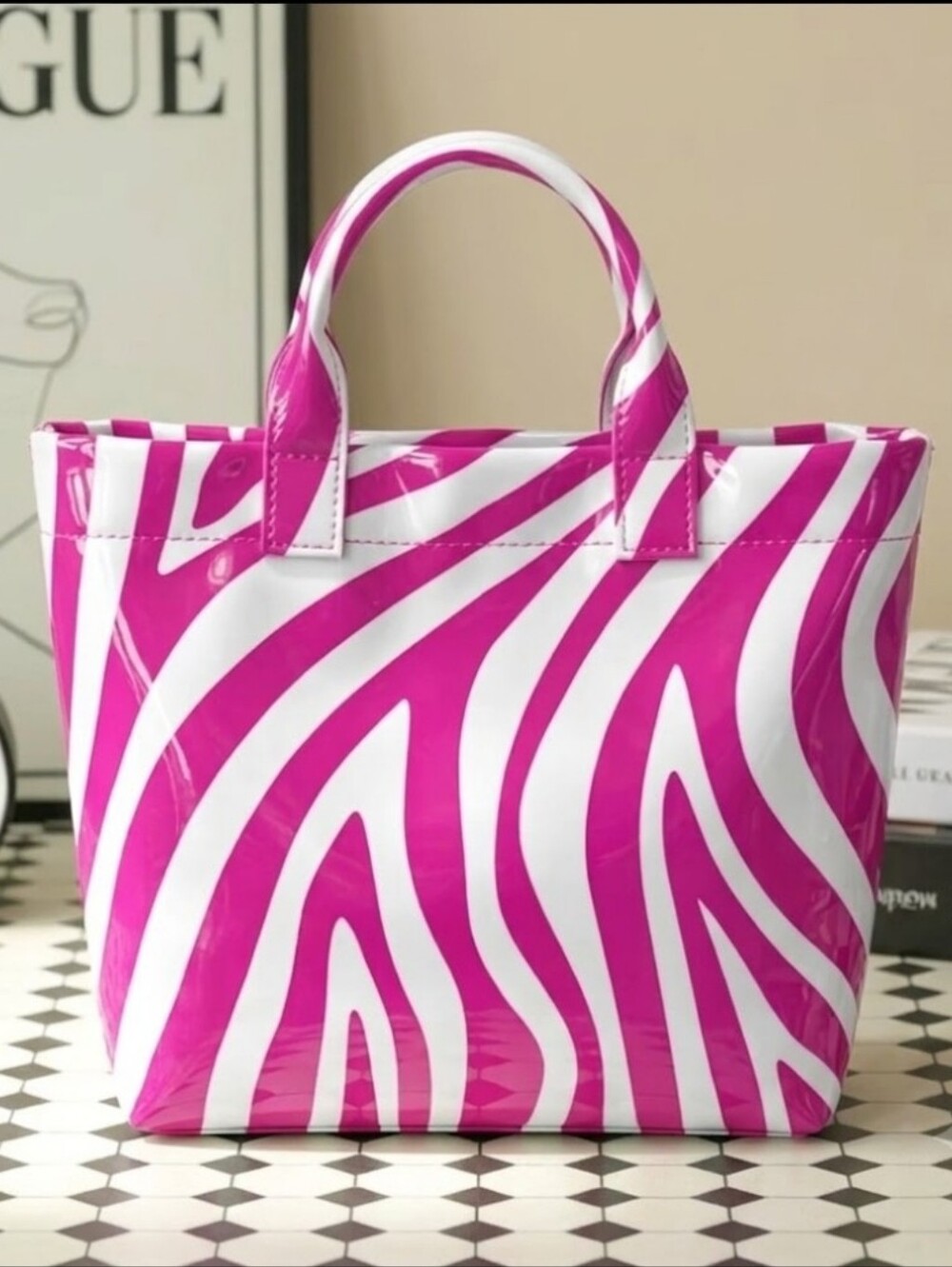 Pink White Zebra Tote Bag Large